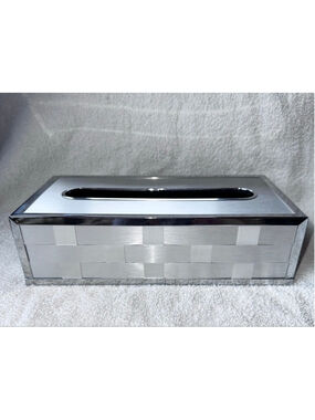 Vintage Chrome Silver Polished Basket Weave Sides Metal Tissue Box Holder